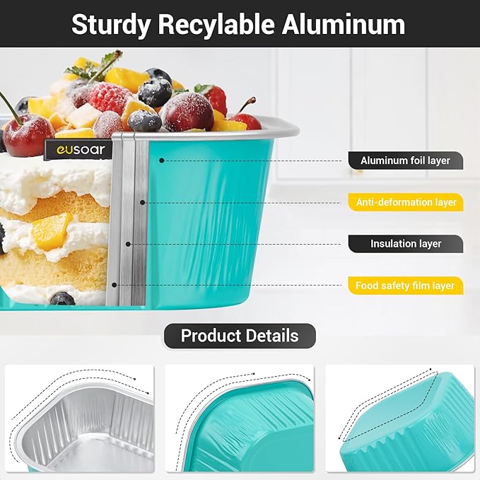 EUSOAR Aluminum Foil Baking Cups With Lids, 10oz 100pcs Disposable Ramekins, Muffin Cups for Baking, Square Cupcake Pans, Mini Cake Loaf Bread Pans for Party Favor Birthday