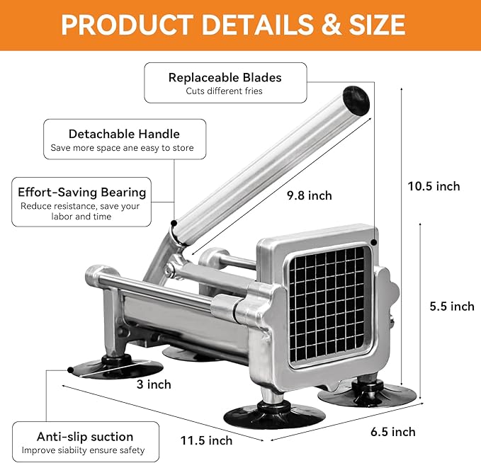 Commercial French Fry Cutter Stainless Steel.Potato Cutter for French Fries with 1/2Inch Blade, Commercial French Fry Cutter Manual Potatoes Cutting Machine with Suction Feet.