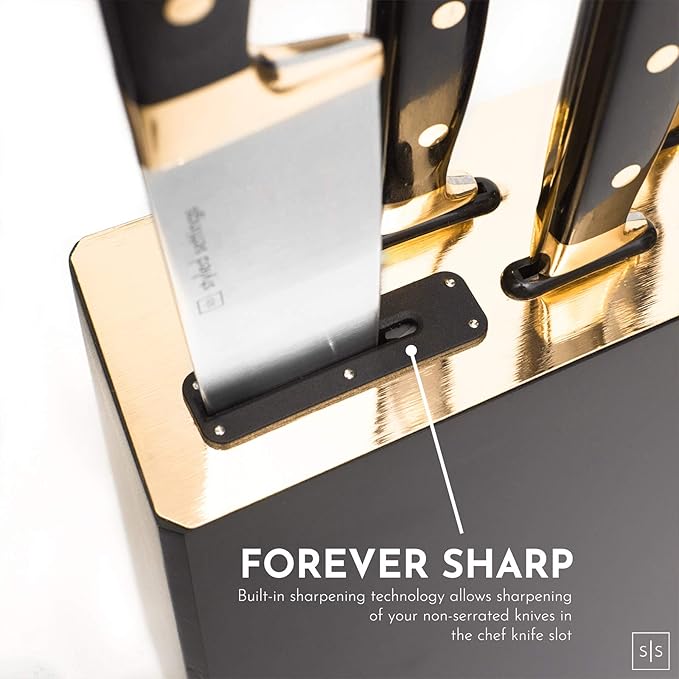 Black and Gold Knife Set with Block - 6-Piece Luxe Kitchen Knives with Block and Sharpener - Modern Black and Gold Kitchen Accessories for Stylish Cooking