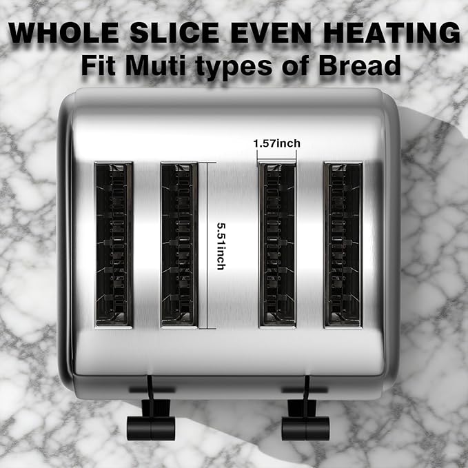 PYY Commercial Toaster 4 Slice for Restaurant - Wide Slots 1.57 inch Stainless Steel 6-Level Setting, with Removable Crumb Tray, 225 Slices/Hour 1800W - Bread, Bagels, Breakfast, Texas Toast