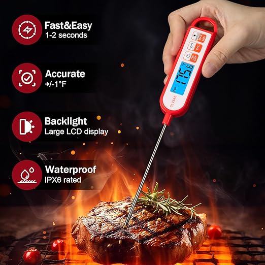 Digital Instant Read Meat Thermometer Waterproof Food Thermometer with 5.1 inch Long Probe for Food Cooking, Candy, BBQ, Liquid and Meat Temperature Measurement by GLVSAE (Red)