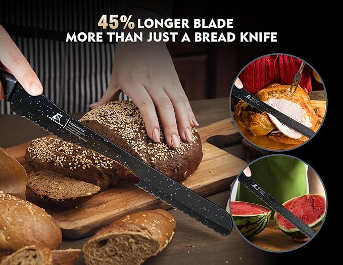 2025 Upgrade Bread Knife for Homemade Bread, World‘s 1st Double Serrated Knife with 5 Thickness Adjustable Slicing Guide, Stainless Steel Bread Cutter, Razor Sharp for Sourdough, Black