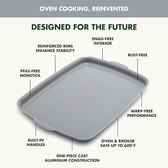 GreenPan Premiere Ovenware Healthy Ceramic Nonstick 18" x 13" Half Rectangular Baking Pan, PFOA & PFAS-Free, Warp-Free Bakeware, Durable Quick Heating Tray, Oven Safe to 600F, Dishwasher Safe, Gray