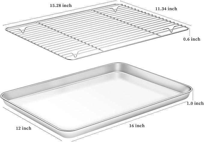 Deedro Baking Sheet with Rack Set [2 Sheets + 2 Racks], Stainless Steel Baking Pan Cookie Sheets Oven Tray with Cooling Rack, 16 x 12 x 1 Inch, Heavy Duty, Non-toxic, Easy Clean