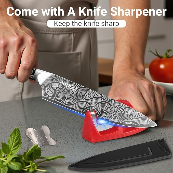 Leking 8 Inch Chef Knife, Kitchen Knife with Sharpener and Finger Guard, Professional High Carbon Stainless Steel Sharp Chef's Knife Set with Ergonomic Handle in Premium Gift Box