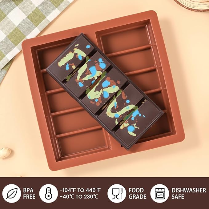 FUNBAKY Dubai Silicone Chocolate Bar Mold - 1-Inch Deep Cavities, Large Thick Candy Bar Mold, Ideal for Filling Pistachio Chocolate, Includes Scraper, 2 Pack
