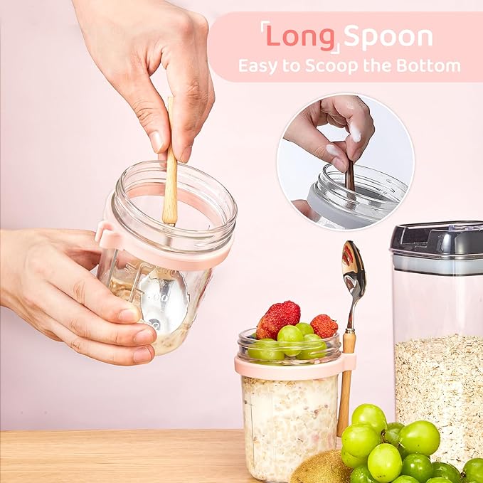 Glass Overnight Oats Containers with Lids and Spoon, 16oz Wide Mouth Mason Jars for Overnight Oats, Cereal, Yogurt, Salad Lunch Container with Measurement Marks - Pink 4 Pack