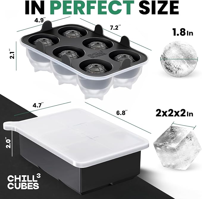 Large Ice Cube Trays Combo - Set of 2, Silicone Ice Ball Maker & Ice Cube Trays with Lids for Chilly Drinks, Perfect for Whiskey, Cocktails - BPA-Free