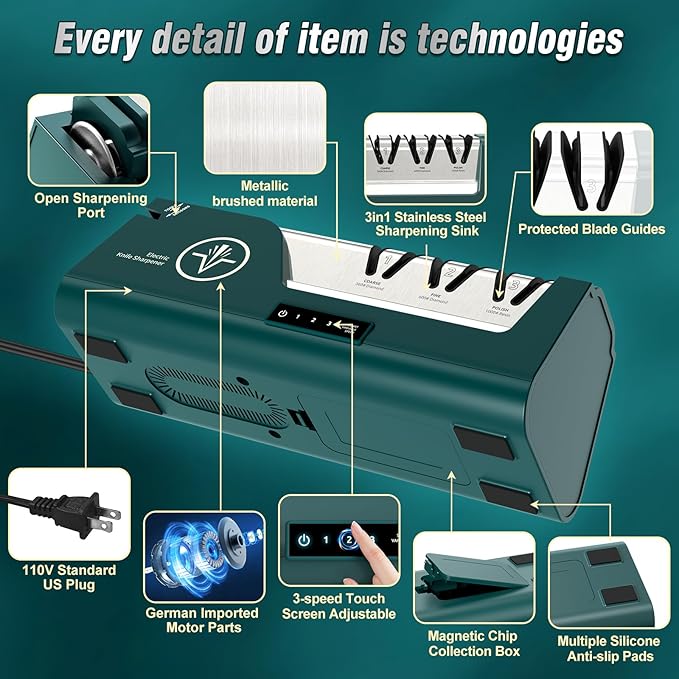 Professional Electric Knife Sharpener with 100% Diamond Abrasives & Precision Angle Guides, 3-Speed Variable 4-Stage Open Touch-Screen LCD Knife Sharpener for Straight, Serrated Edges, Scissors & Axes
