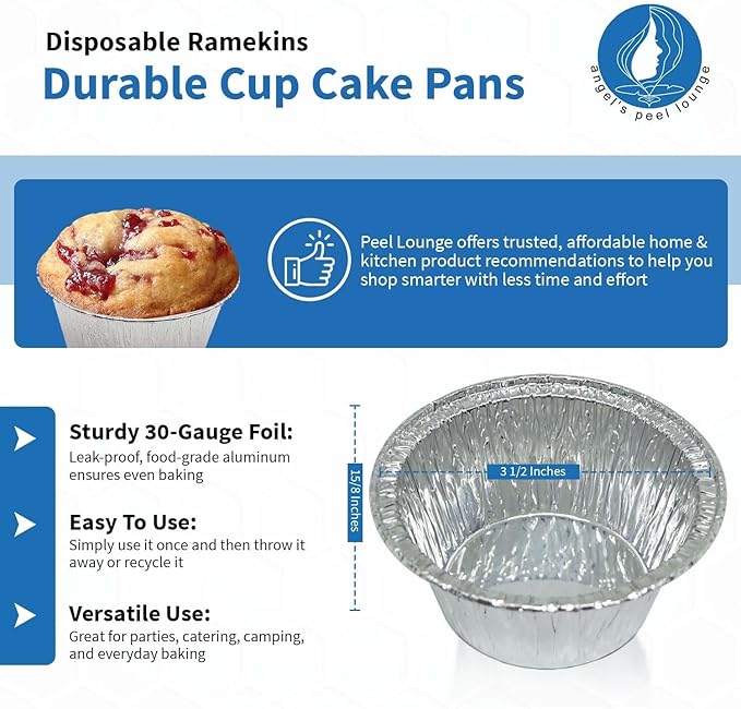 Angel's Peel Lounge Disposable Ramekins - Durable cup cake pans for baking - Aluminum Foil Ramekin for Tart, Appetizer-Utility, Muffin, Souffle, or Creme Brulee – 4 oz – pack of 50