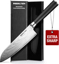 Japanese Damascus Santoku Chef Knife 7''（Mirror finish blade）, 67-Layer VG10 Damascus steel & Black G10 Handle for Cooking Kitchen (Gift Box)