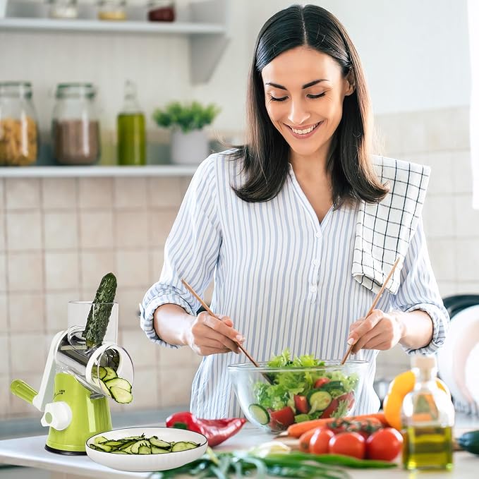 X Home Rotary Cheese Grater for Kitchen, Shredder with 3 Interchangeable Blades, Rotary Grater with Handle and Strong Suction Base, for Vegetables, Fruit, Nuts, Easy to Use and Clean, Green
