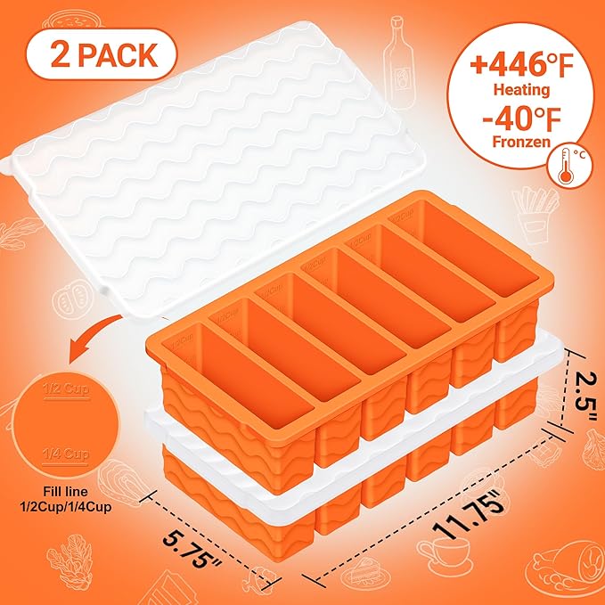 1/2 Cup Silicone Freezer Molds with Lid, 2-Pack Silicone Freezer Trays for Soup, Sauce & Broth – Meal Prep Containers, Large Ice Cube Tray, Oven & Dishwasher Safe