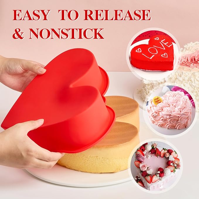 10 Inch Heart Shaped Cake Pans, 2 Pack Nonstick Silicone Heart Baking Molds for Cakes, Cheesecakes and Brownies (Red)