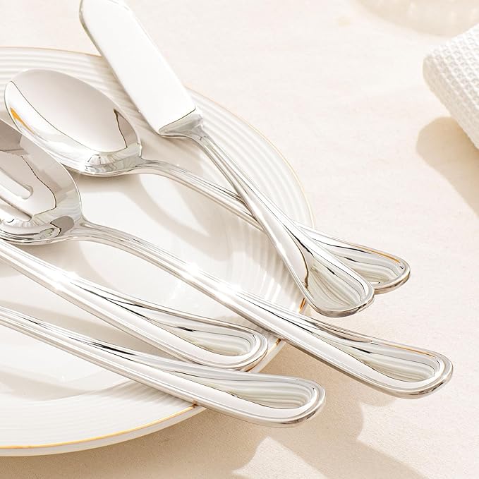 KINGSTONE 8 Piece Teardrop Serving Utensils Set, 18/10 Stainless Steel Serving Utensils, Slotted Spoons, Forks, Tongs, Cake Server, Butter Knife for Buffet, Catering, Wedding, Party