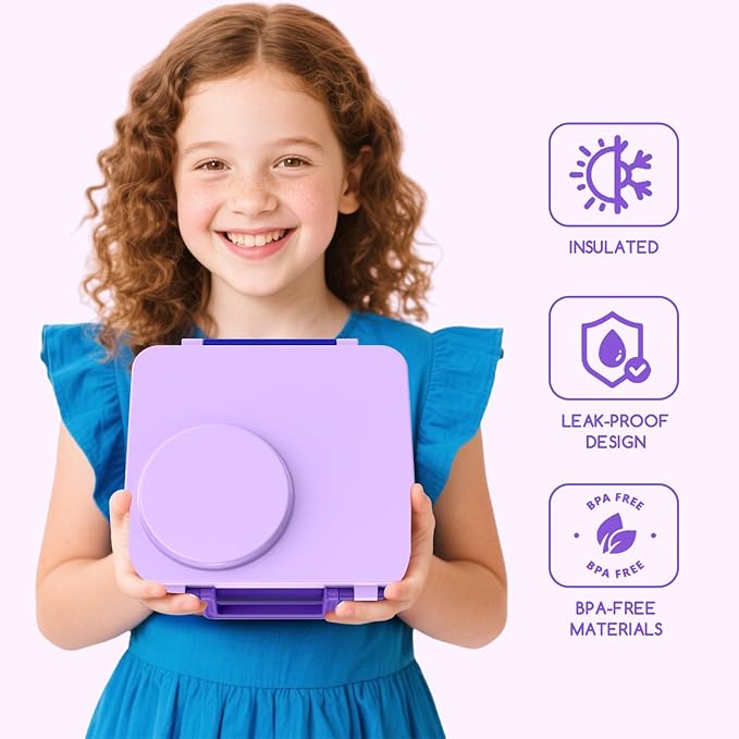 Bento Box for Kids - Leak-Proof Bento Lunch Box with Insulated Thermos Food Jar - 4 Compartments, 1 Removable Divider, 1Spoon, 1 Fork - Dishwasher Safe, BPA-Free (Light purple)