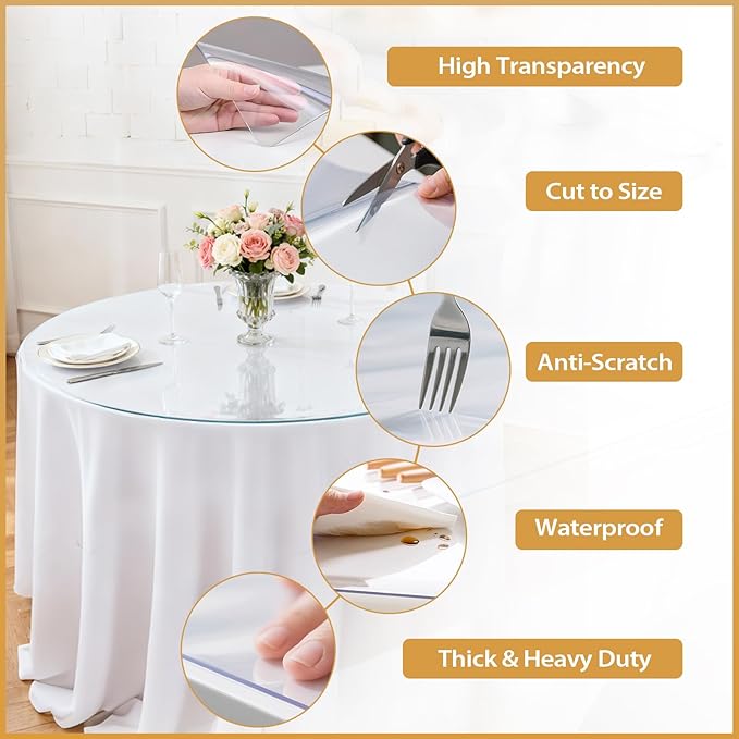 Round Clear Table Cover Protector 48 Inch - 2mm Thick Waterproof PVC Furniture Protective Pad for Dining Room Tabletop