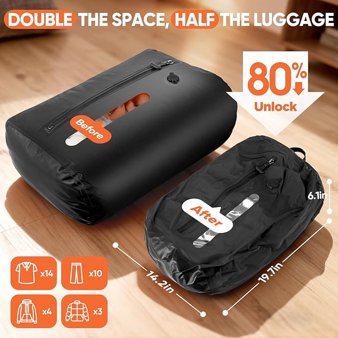 Vacuum Bags for Travel With Pump, Reusable Vacuum Packing Cubes for Traveler, Compression Bags for Clothes, IP68 Waterproof Airless Travel Bags for Storage, Luggage, Backpack & Suitcase (2PC + Pump)