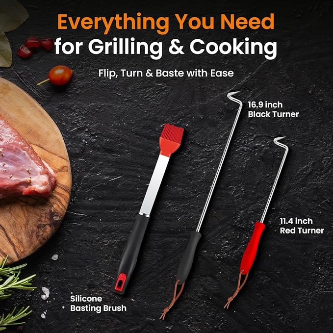 Stainless Steel Food Flipper Set - 16.9" & 11.4" Turners with Silicone Basting Brush for Cooking & Grilling - 3 Piece Kitchen Tools - Ideal for Basting Brush Cooking, BBQ Sauce, Marinades