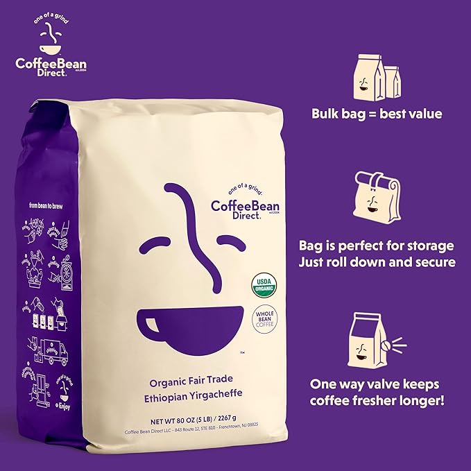 Coffee Bean Direct Organic Fair Trade Ethiopian Yirgacheffe, Whole Bean Coffee, Light Roast, 5 Pound Bag (Pack of 1)