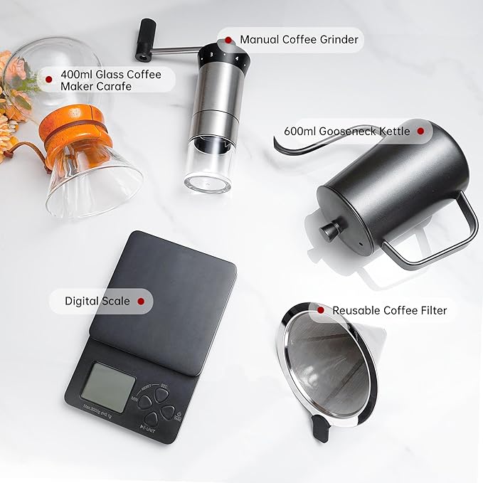 Pour Over Coffee Kit, Coffee Maker Set, All in One Hand Drip Coffee Set, Coffee Grinder Manual Set, Ideal for Anniversary Birthday Gift