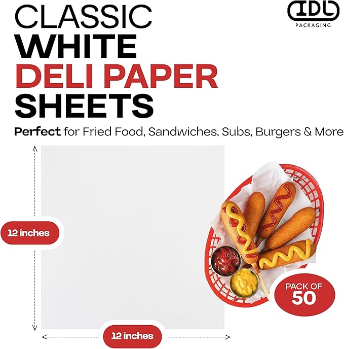 White Deli Paper Sheets, 12" x 12" (50 pcs.) - USA-Made Premium Food Basket Liners - PFAS-Free Grease Resistant Deli Paper Sheets for Food, Snack & Baking Wrap, Picnic & Party by IDL Packaging