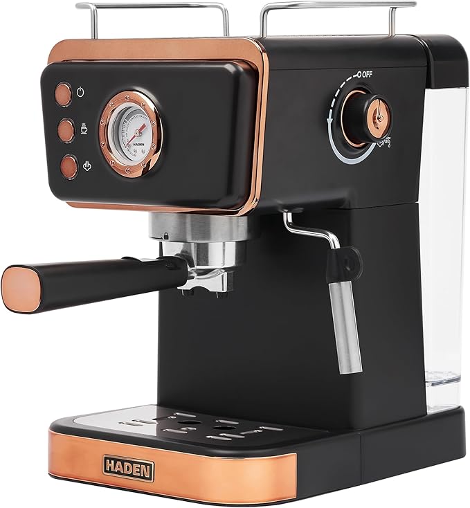 HADEN Barista Brew Espresso Coffee Machine, Stainless Steel Espresso Maker with Milk Frother and Steamer Function and 1.5L Water Tank, Black & Copper