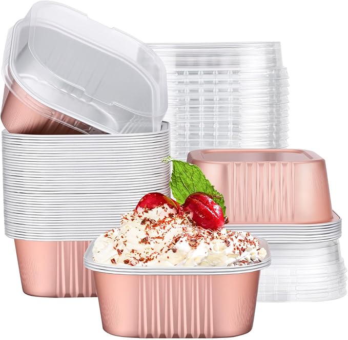 EUSOAR Disposable Ramekins, 50pcs 10oz Rose Gold Creme Brulee Ramekins Disposable Muffin Cups for Baking, Mini Cake Pans with Lids Loaf Bread Containers Cupcake Liners for Party Favor Birthday
