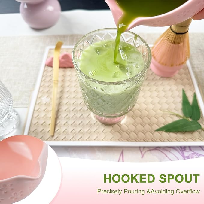 Matcha Set–7-Piece Set Including Matcha Bowl with Spout, Whisk, Chasen Holder, Sifter, Bamboo Scoop with Stand, wood spoon(Cherry Blossom Pink)–Perfect for Matcha Lovers&Tea Ceremonies
