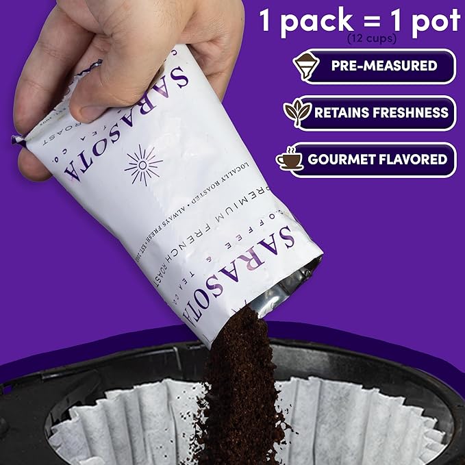 Sarasota Coffee Ground Packets | Low Acid Dark Roast Ground Coffee Packs | European French Roast | Mold Free Singles | Ground Pouches | Individual Packets for 12 Cup Coffee Maker | 1.5 Ounce Bags, 42 Count