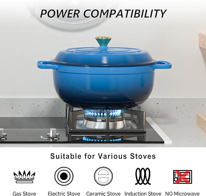 VINGLI 7.5QT Enameled Cast Iron Round Dutch Oven Pot with Lid, NonStick Casserole Pot with Dual Handles & Silicone GlovesRed, Oven Safe up to 500°F or on Stovetop, Dutch Oven for Bread Baking, Blue
