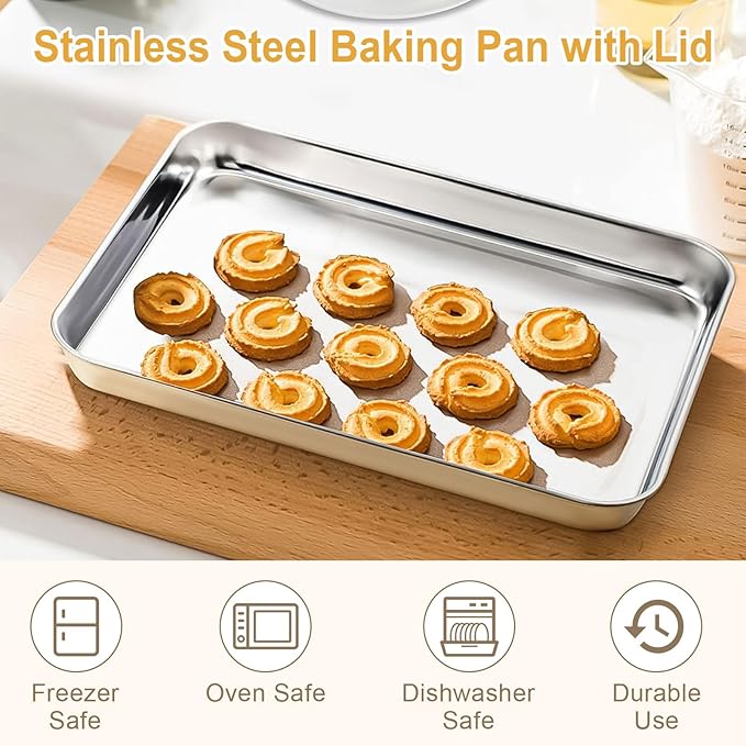 Stainless Steel Cake Pan with Lid, Set of 3 Large Baking Pan, 17/13/11 Inch Baking Sheet Lasagna Pan, Cake Pans with Cover, Rectangle Sheet Roasting Pan, Dishwasher Safe
