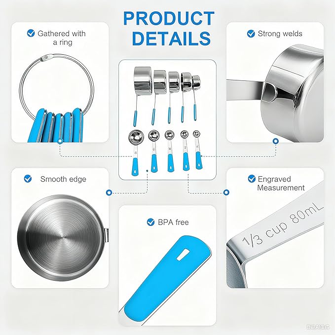 Measuring Cups and Spoons Set, Stainless Steel 10 Piece for Cooking and Baking (5 Cups + 5 Spoons, Light Blue Handle)