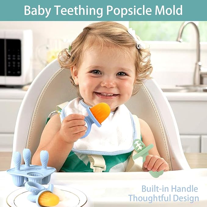 Silicone Baby Ice Pop Molds with Easy-Grip Handles, 4-Cavity Frozen Treat Tray for Toddlers, Mini Popsicle Maker for Teething Relief, Fruit Puree & Breastmilk Snacks (Beige)