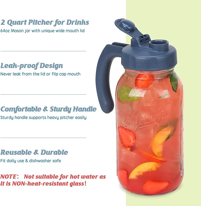 Soligt Glass Mason Jar Pitcher with Lid, Wide Mouth Flip Cap Pour Spout Leak-proof Lid with Handle, 64 oz (2 Quart / 1.9 Liter), Navy and Yellow