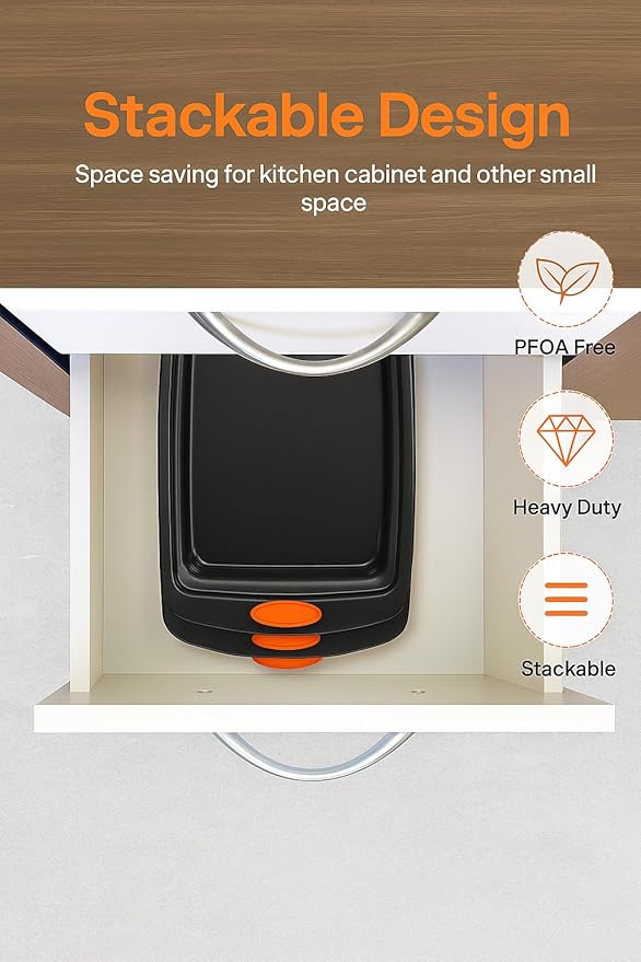 3-Pack Baking Sheet Pan Set, Nonstick Cookie Sheets with Orange Silicone Handles, Easy to Clean Bakeware Trays for Oven Roasting & Baking