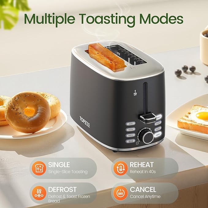 Topzee Toaster 2 Slice, Wide Slot for Toasting Bagel Muffin Waffle Gluten Free Breads, 7 Shade Settings, Defrost & Reheat, Stainless Steel, Easy Clean, Black