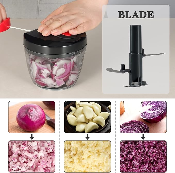 Cambom Manual Food Chopper Vegetable Cutter, Hand String Chopper Onions Cutter for Vegetable Fruits Nuts BPA Free Food Safe Material, 650ml Black