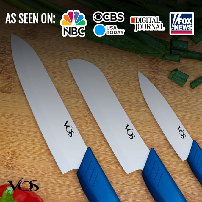Vos Ceramic Knife Set in Elegant Gift Box, Ceramic Knives Set For Kitchen, Ultra Sharp Kitchen Knife Set with Covers, 4" 5" 6" Paring, Santoku & Chef Knife, Lightweight, Dishwasher safe (Blue Handle)