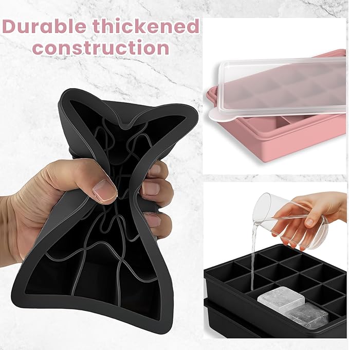 Large Silicone Ice Cube Trays with Lid, Make 15 Ice Cubes per Tray, Include 7.7in Ice Tongs - Ideal for Freezer, Drinks