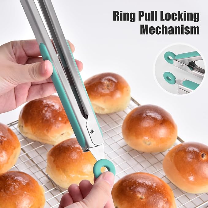 Doosu Kitchen Tongs for Cooking - 600°F Heat Resistant Food Tong with Non-Scratch Silicone Tips, Heavy Duty Stainless Steel Locking Tong for BBQ, Grilling Steak, Serving Salad, Pasta (16in, Aqua Sky)