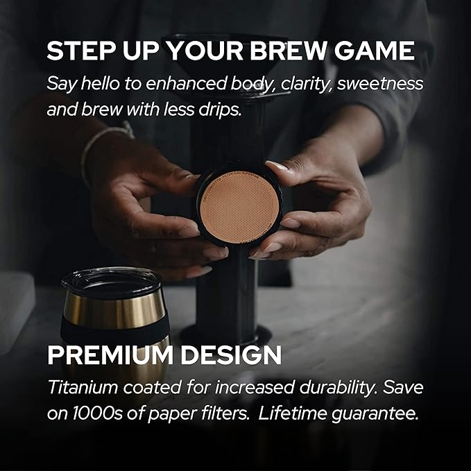 Filters for use in AeroPress Go/AeroPress Coffee Makers (Fine & Superfine) - Premium Replacement Disc - Reusable Metal, Titanium Coated Stainless Steel. Upgrade Mesh or Filter Papers