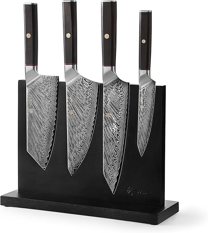 Wakoli Damascus Chef Knife Set with Magnetic Block – 4-Piece Professional Kitchen Knife Collection | Genuine 67-Layer Damascus Steel Blades | Ergonomic Dark Oak Wood Handles (Culinary Asia)