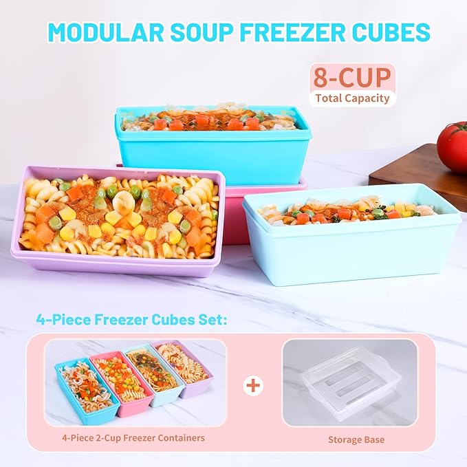 Gemice BPA-Free Silicone Freezer Molds with Base, Individual 4-Pack 2-Cup Portion Soup Cubes Freezer Tray with Lids for Food Storage, Oven & Dishwasher Safe, Silicone Freezer Containers for Meal Prep