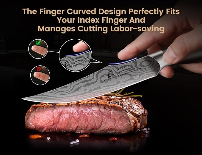 Steak Knives Set of 8 with Block Built-in Sharpener, 4.8 Inch Non Serrated Razor-Sharp Durable Dinner Knives, German Stainless Steel Damascus Pattern Full Tang Forged, Easy to Maintain