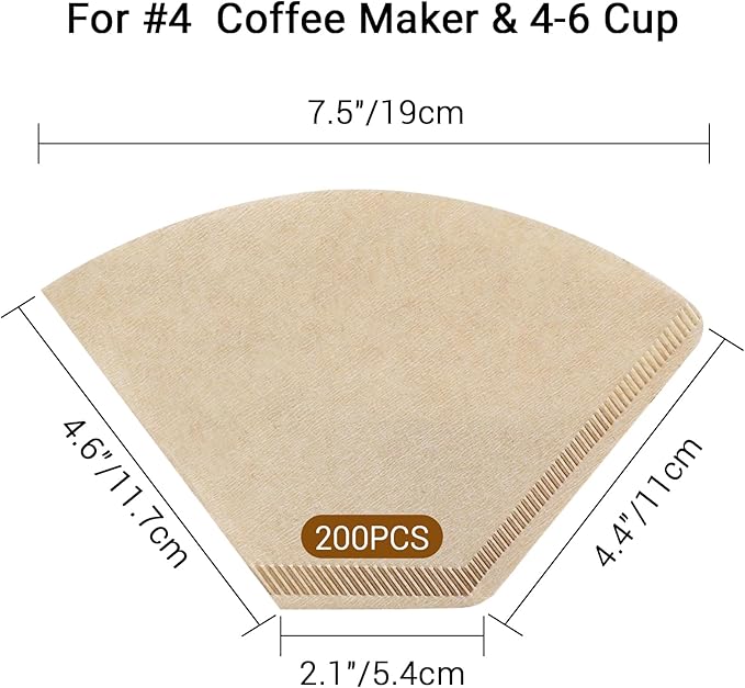 Segarty #4 Coffee Cone Filters, 200 Count Pack Size 4-6 Cup Natural Unbleached Brown Paper Disposable Pour Over Maker Basket Dripper for Most Brewer Machine for Home, Office, Cafetera