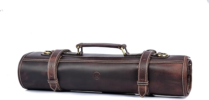 Leather Knife Roll Storage Bag, Elastic and Expandable 10 Pockets, Adjustable/Detachable Shoulder Strap, Travel-Friendly Chef Knife Case (Florida Brown, Leather)