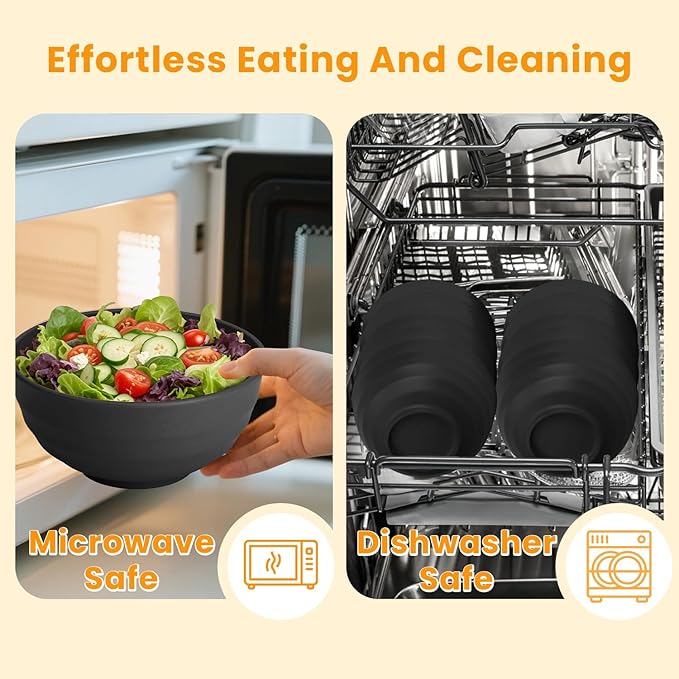 Homienly Unbreakable Big Bowl Set of 8: Alternative to Large Plastic Bowls - 60oz Wheat Straw Bowls for Salad, Soup & Cereal, Microwave & Dishwasher Safe for Everyday Use & Picnics - Black