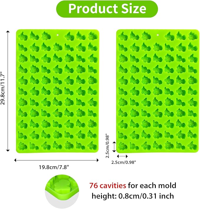 2 PCS Gummy Dinosaur Candy Molds Silicone, 152 Cavity Dinosaur Mini Silicone Mold for Chocolate, Fondant, Candy, Biscuits, Cookie, Jelly,Ice Cube and Dog Training Commands Concept