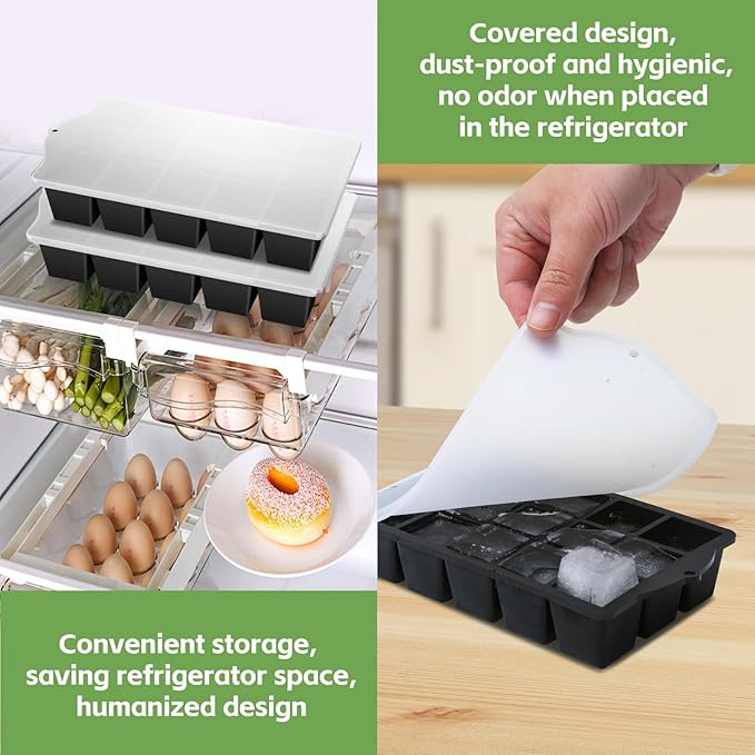 FANYITY Silicone Ice Cube Trays 2-Pack with Locks lids,Easy Release Ice Molds for Freezer,Perfect for Cocktails, Whiskey, Coffee